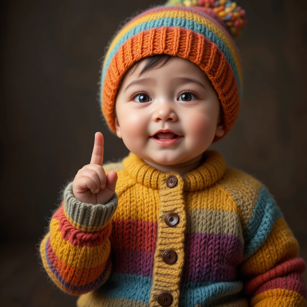 Cute baby in knitted rainbow sweater raising one finger