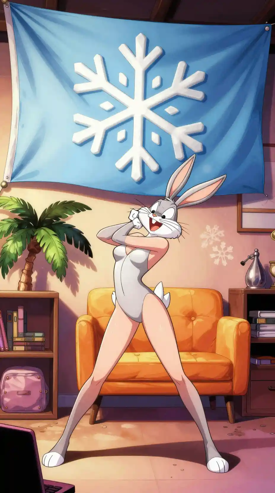 Anime-Mädchen posiert in einem gemütlichen Zimmer im Comic-Stil