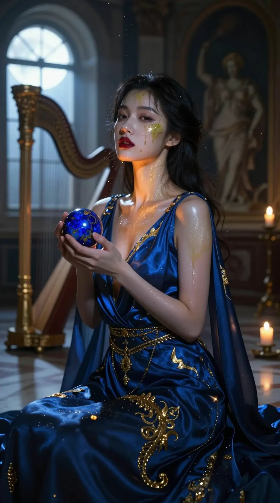 Donna giapponese in abito zaffiro alla luce di candele e luna