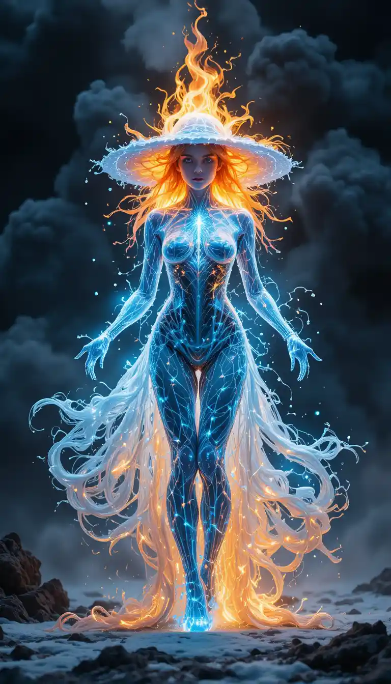 Elemental woman formed from fire water light and wind