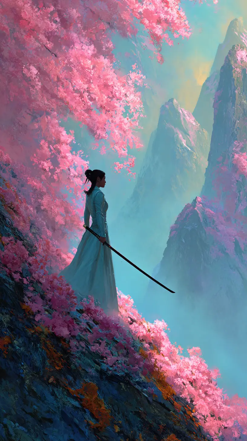 Female warrior on a cherry blossom cliffside at dawn