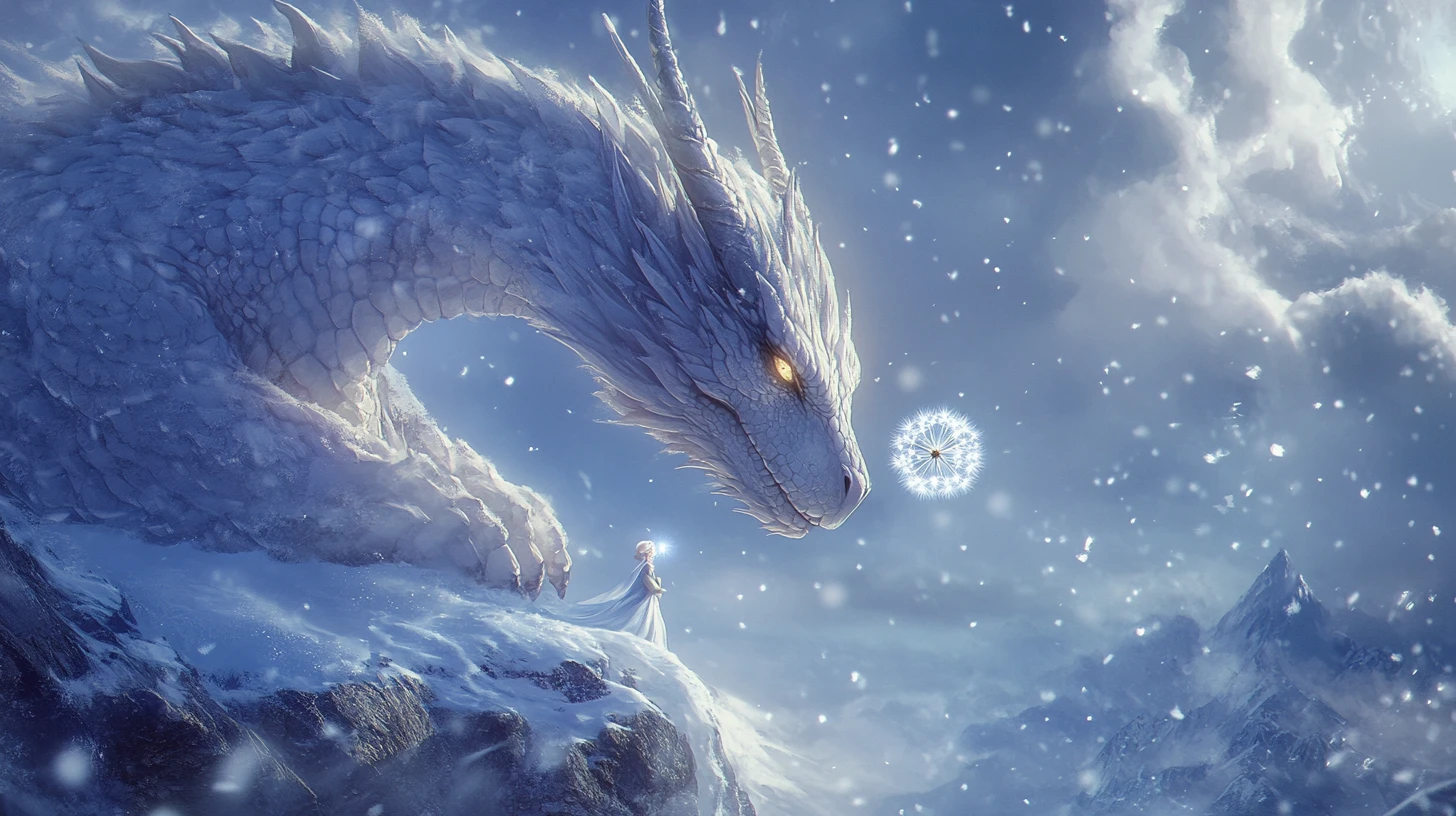 Ancient white dragon and tiny glowing elf on icy peak
