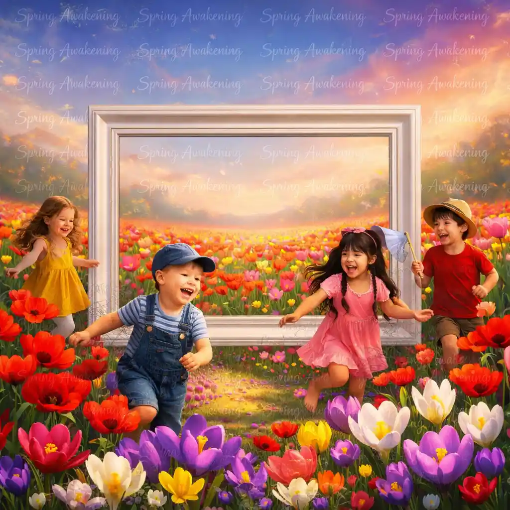 Bunte Tulpenfelder mit Kindern und Frühlings-Wasserzeichen-Text
