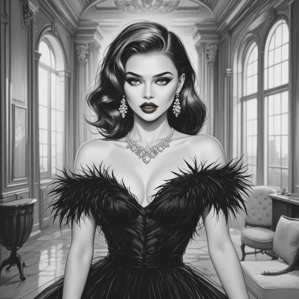 Glamorous blonde woman in black dress in grand interior