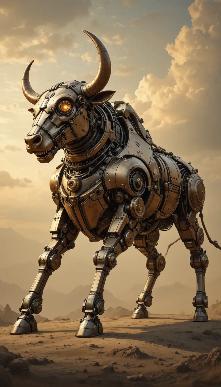 Toro mecánico steampunk en dinámico perfil lateral de embestida