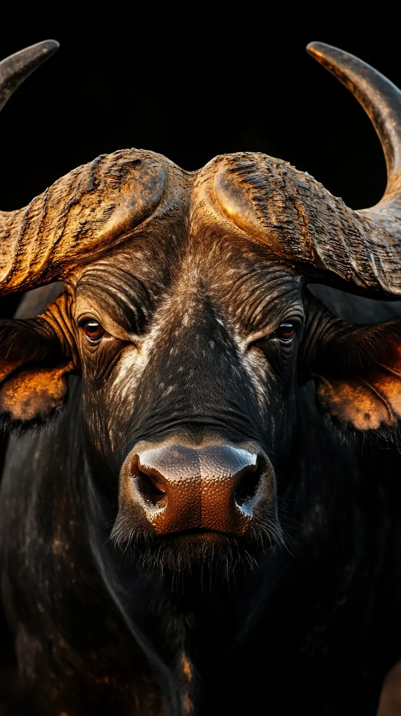 Majestic close up portrait of a powerful horned buffalo
