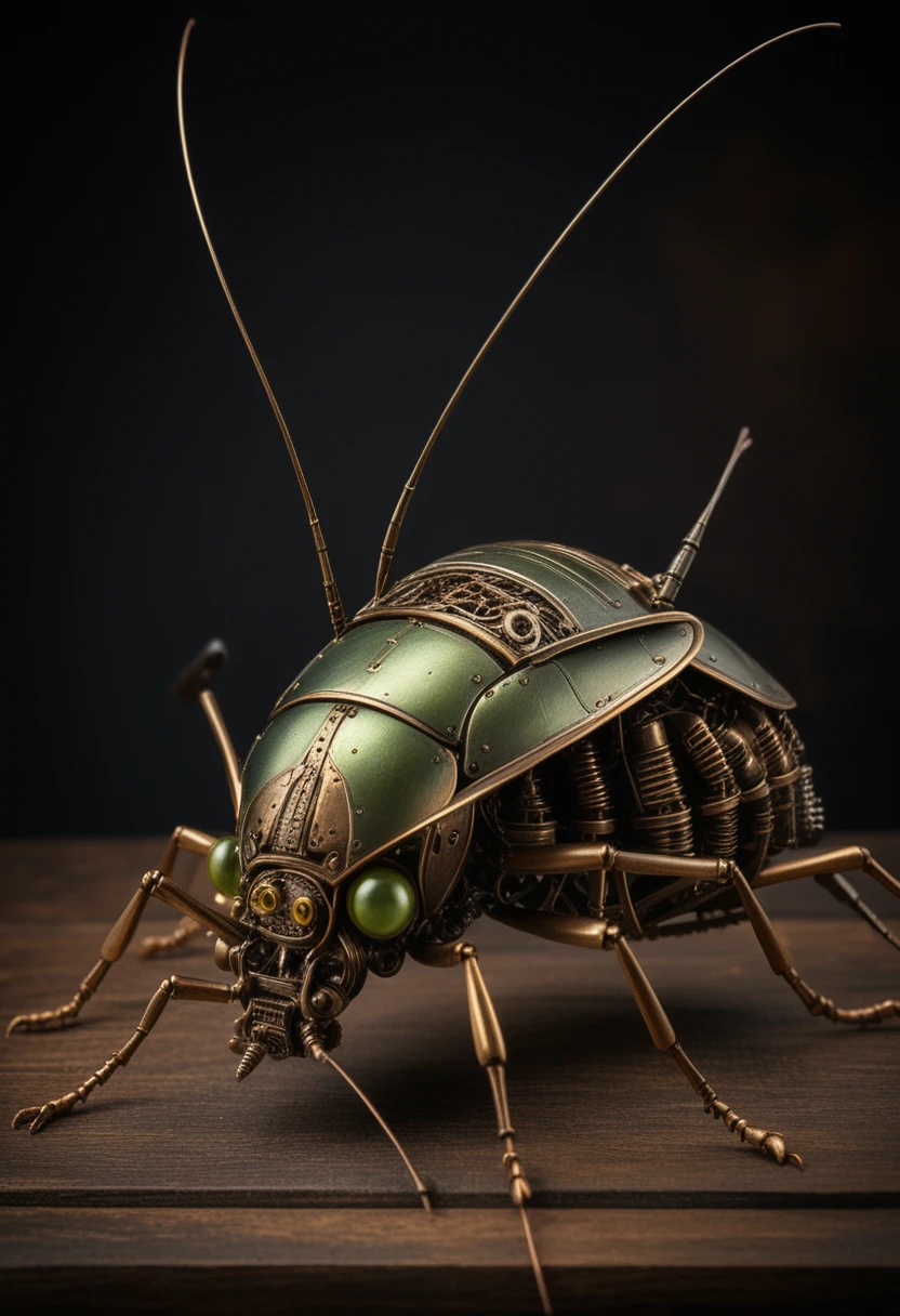 Steampunk Mechanical Cricket On Wooden Platform In Studio