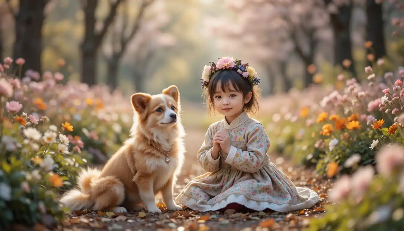 Fillette mignonne et chien dans une scène florale cosy de parc national
