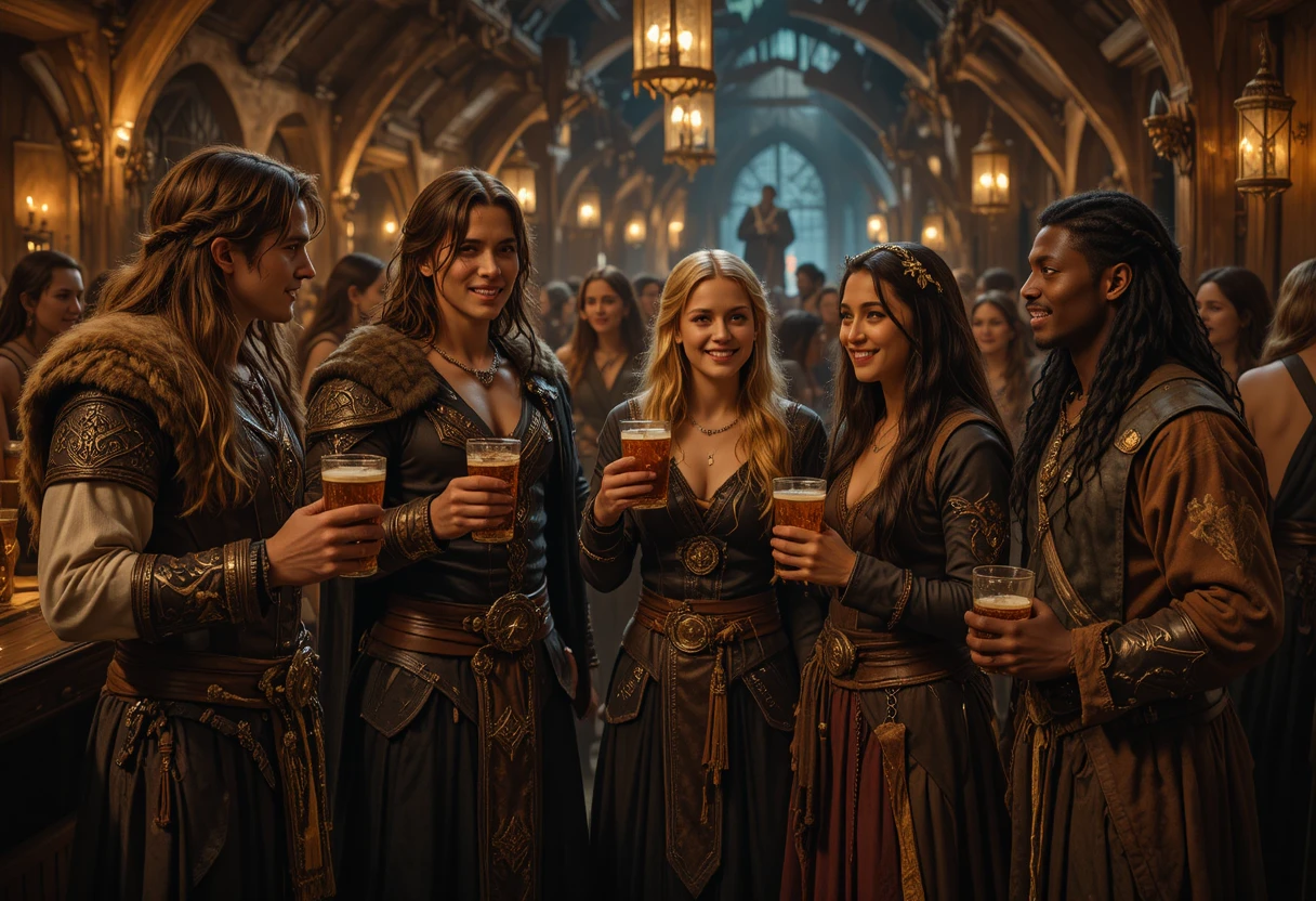 Amigos Compartiendo Bebidas en una Acogedora Taberna de Fantasía