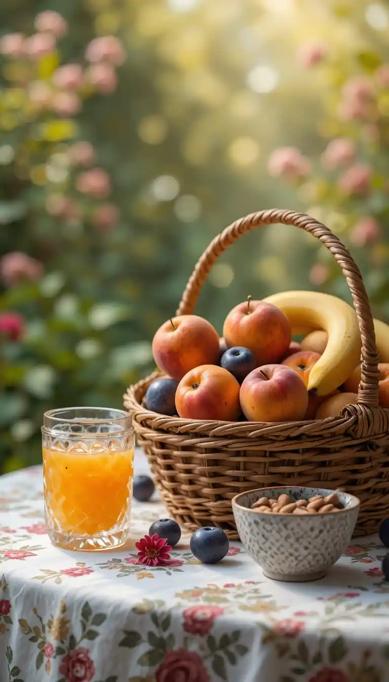 Rustic outdoor breakfast still life with fruit and juice