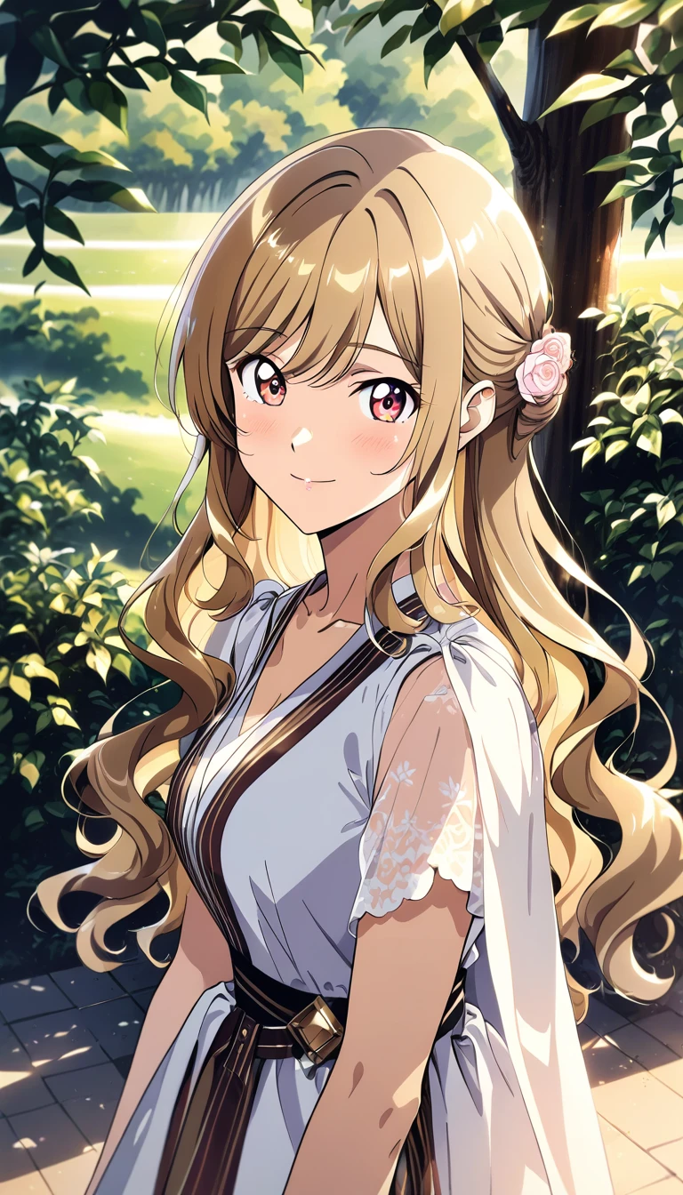 Fille d’anime timide à l’aube dans une douce scène en plein air