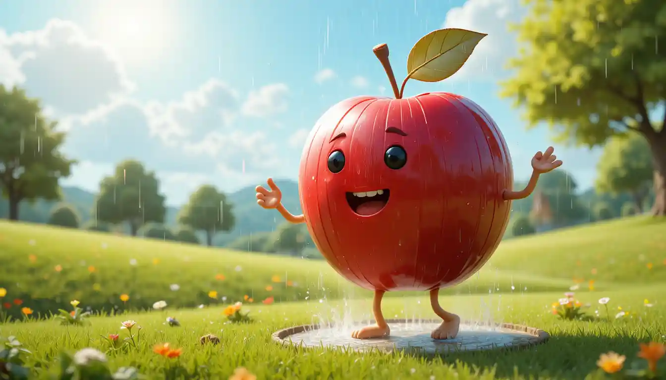 Red 3d cartoon apple dancing under soft sunlight outdoors