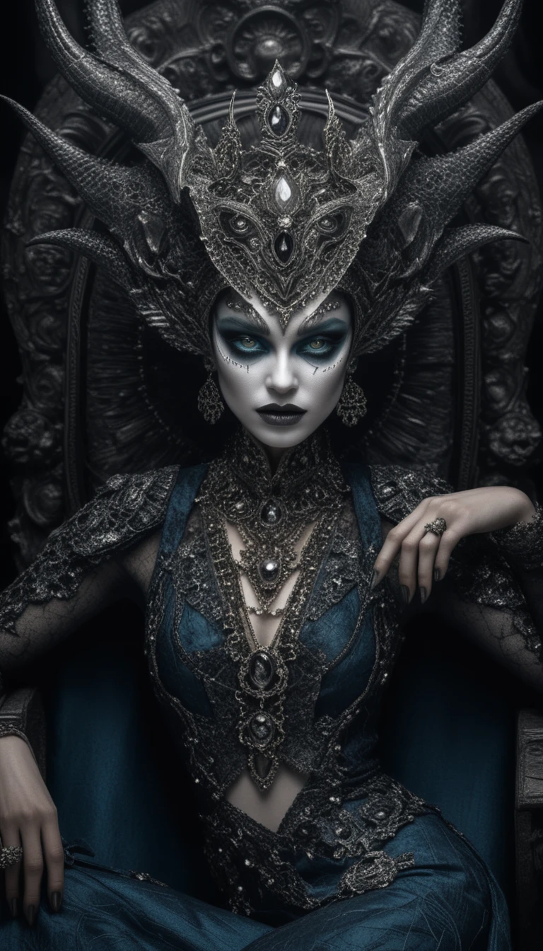 Demonic queen on baroque throne in dark fantasy portrait