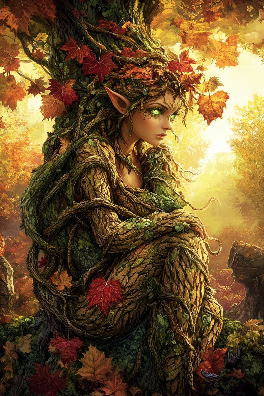Dryad Merged With Tree Of Life In Autumn Forest