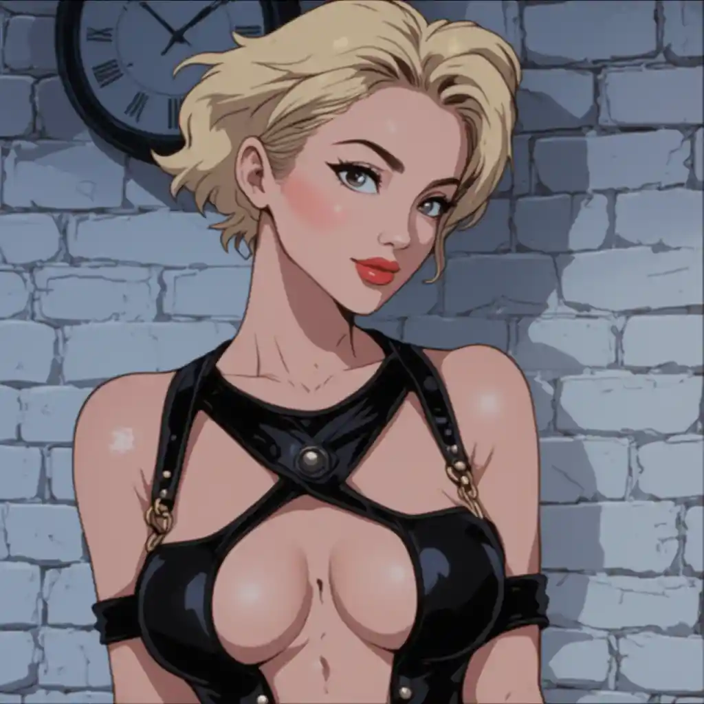 Blonde woman in leather harness against white brick wall
