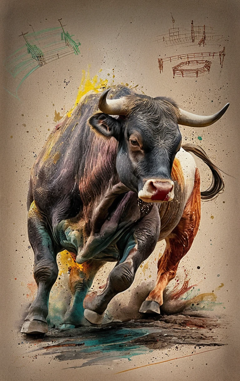Charging spanish bull in dramatic mixed media illustration