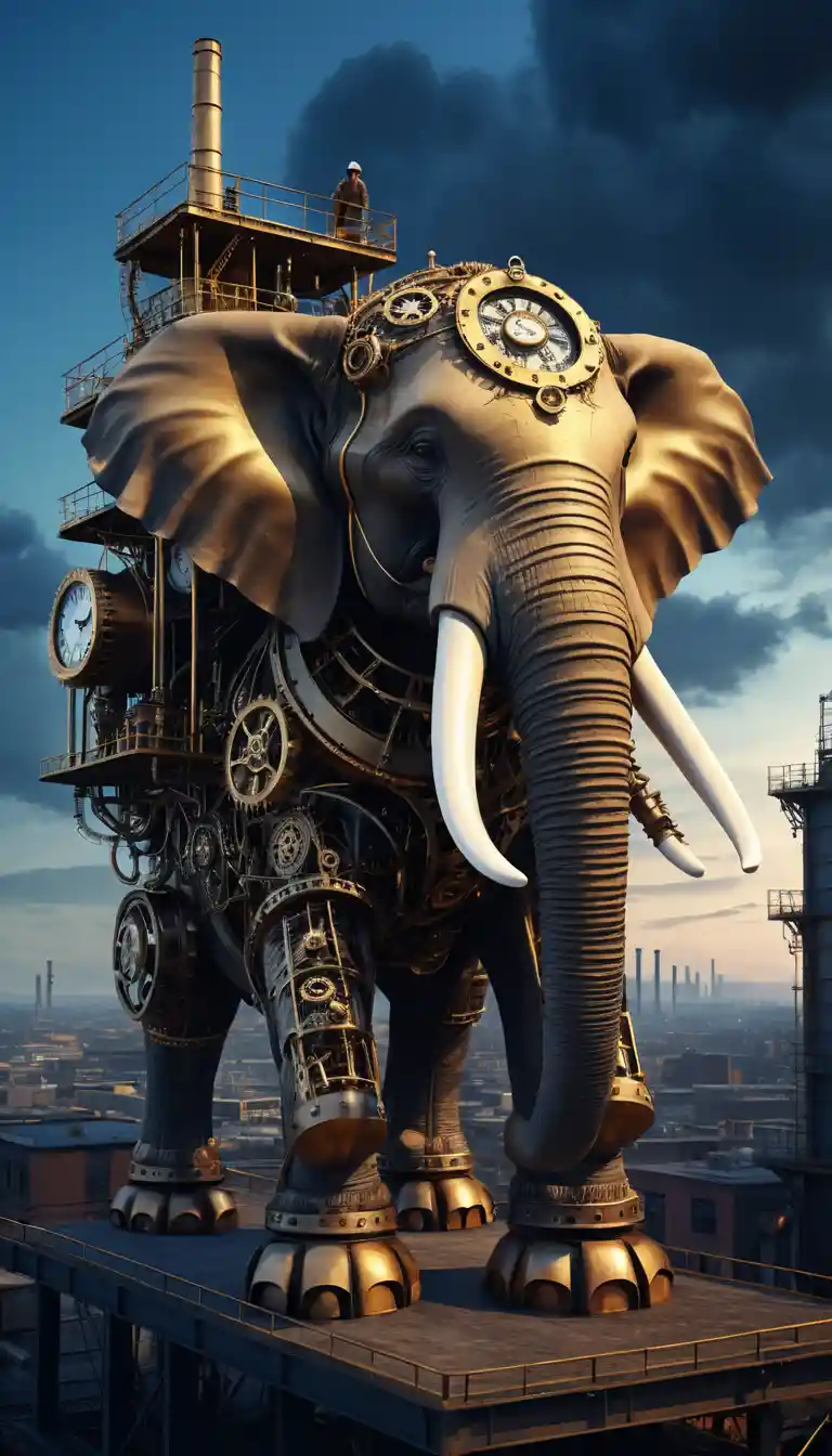 Gigantic steampunk mechanical elephant under a twilight sky