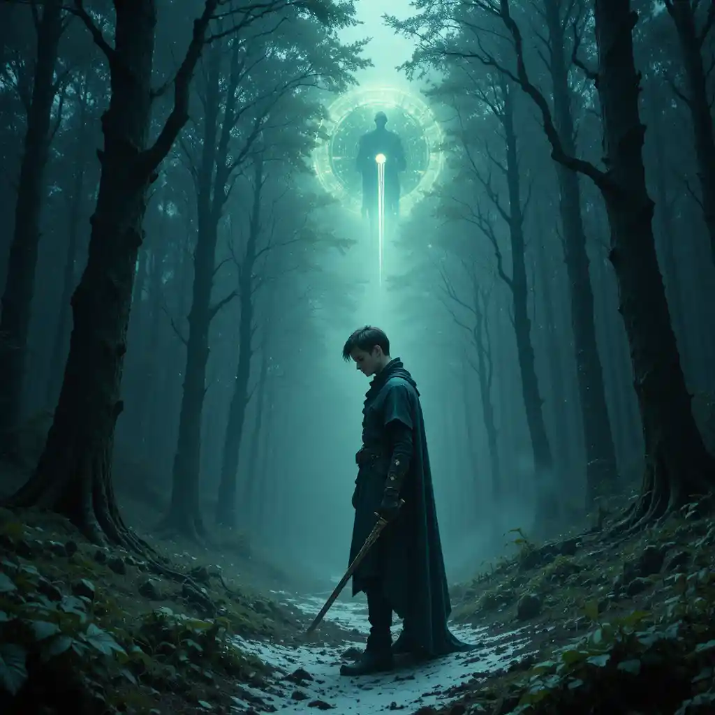 Lone young warrior in misty ancient forest with sword