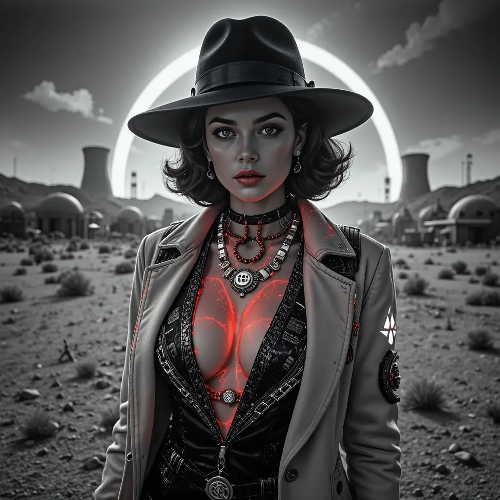 Atompunk noir woman in fedora beneath atomic test sky
