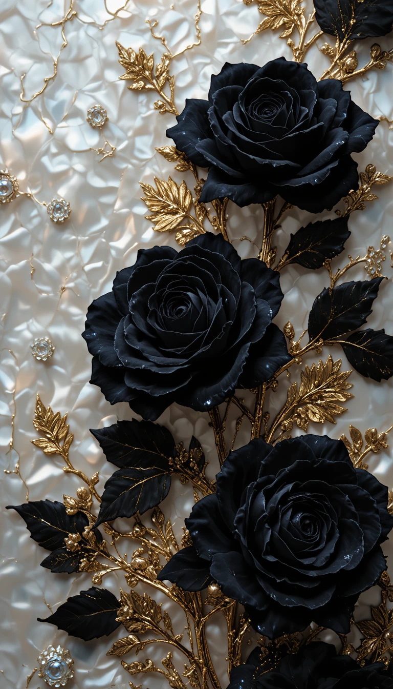 Rosas de terciopelo negro sobre fondo nacarado de inspiración barroca