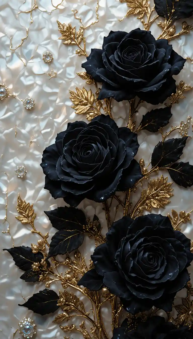 Black velvet roses on pearlescent baroque inspired background