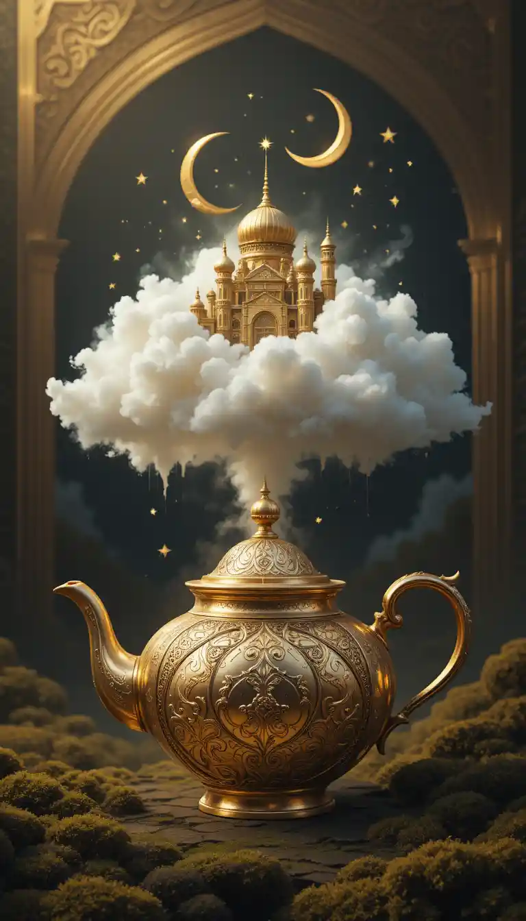 Goldene Teekanne mit schwebender Wolkenstadt unter einer Mondsichel