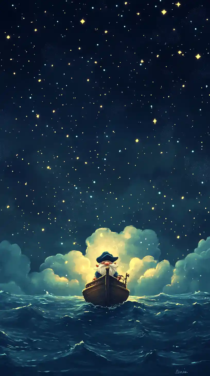Gnome pirate standing on ship deck under starry night sky