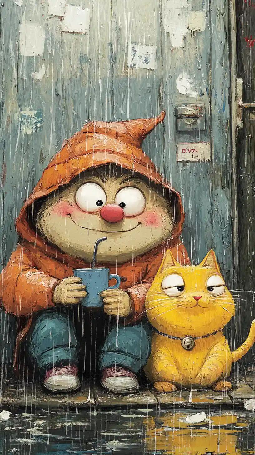 Uomo e gatto rannicchiati sotto la pioggia in illustrazione giocosa