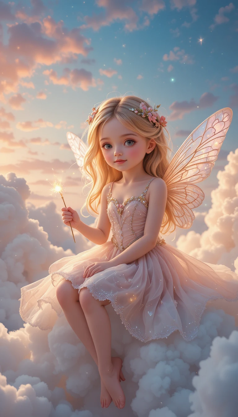 Cute fairy girl sitting on glowing clouds at sunset
