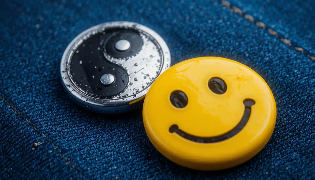 Botões prateado de yin yang e amarelo de sorriso sobre o denim