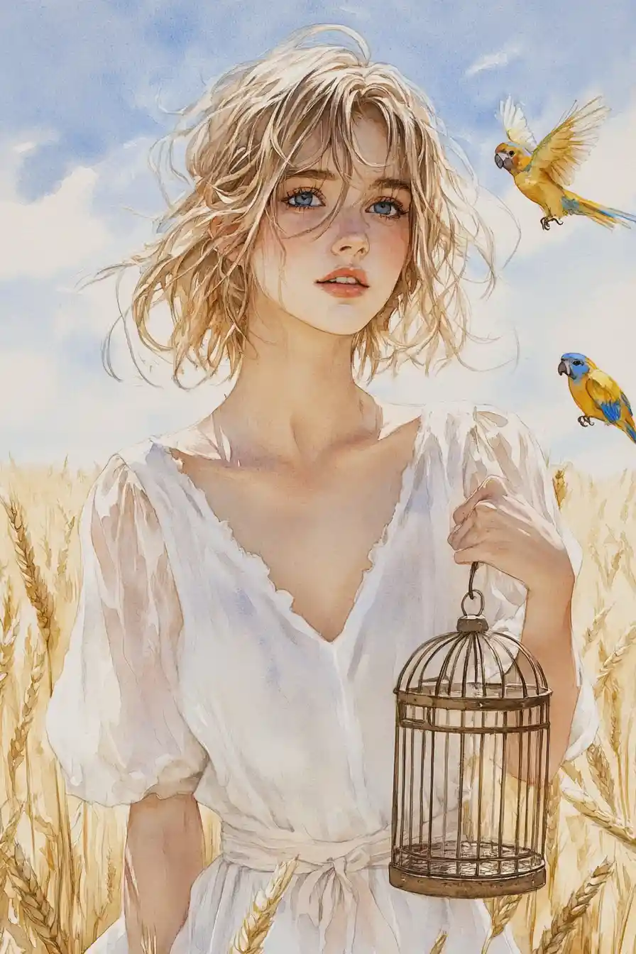 Young woman with birdcage in a golden wheat field