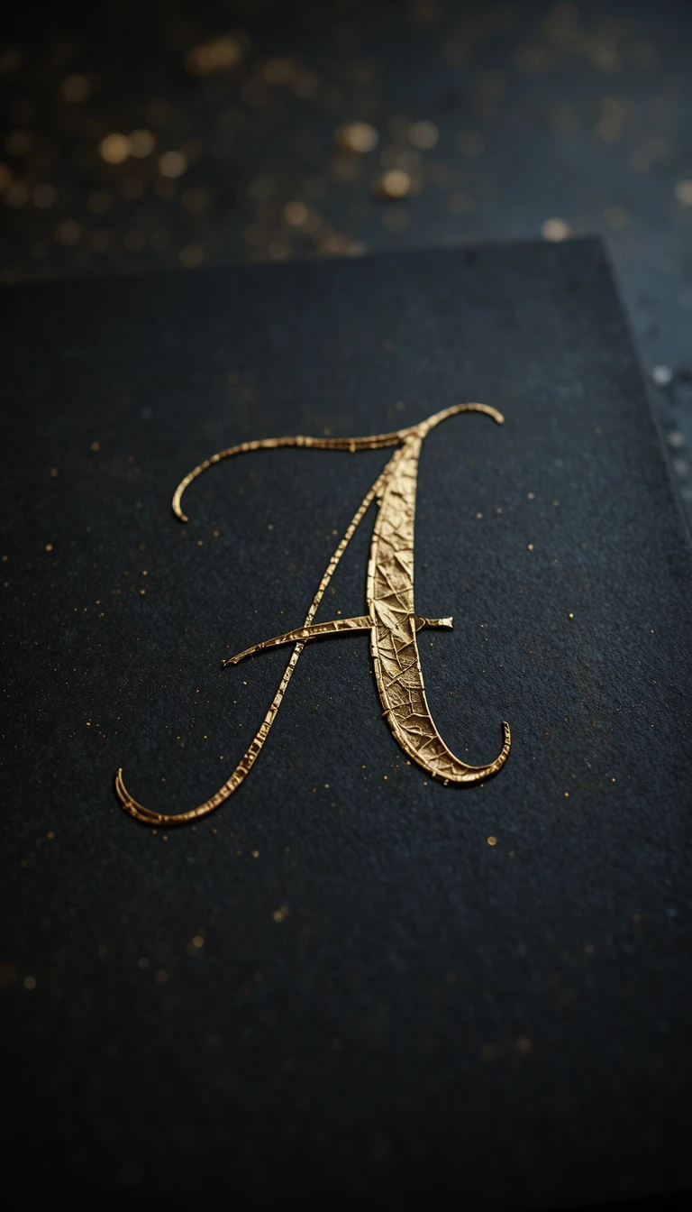 Golden handwritten letter on dark softly lit surface