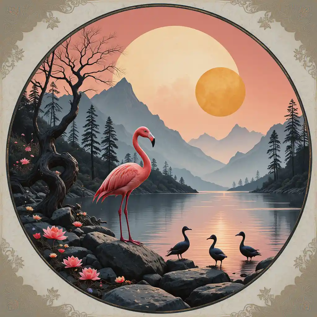 Pink flamingo by a tranquil mountain lake at sunset