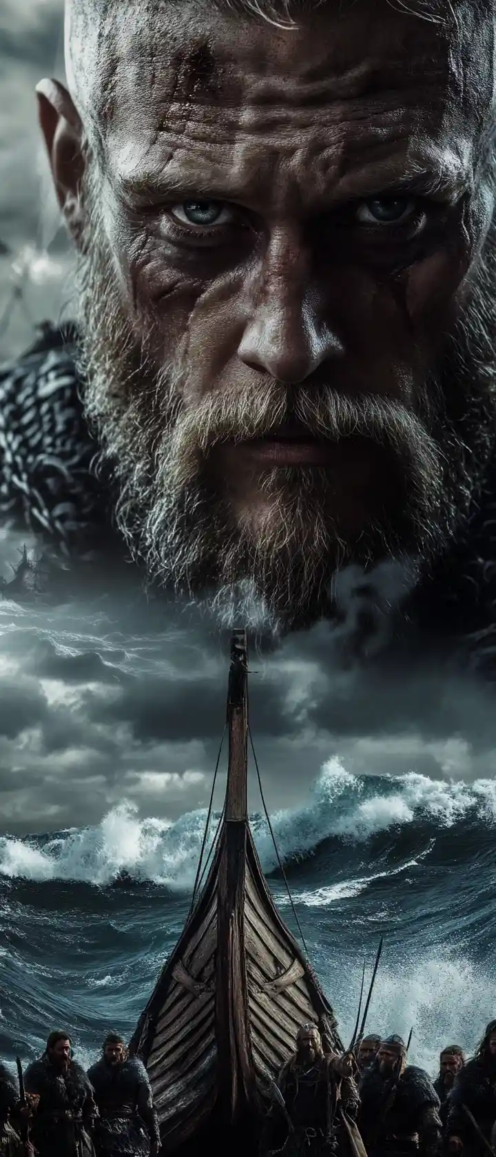 Viking chieftain confronting stormy seas from the ship bow