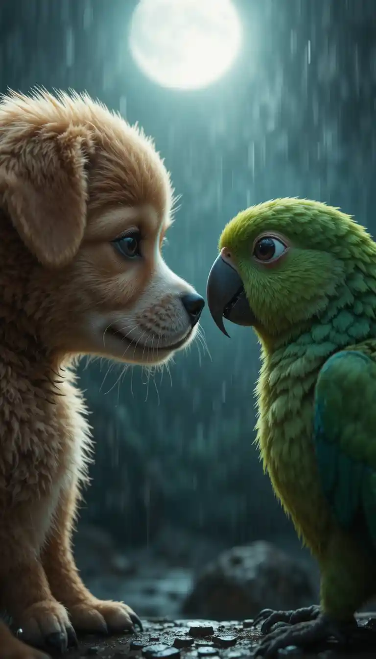 Primer Plano Emotivo de un Cachorro y un Loro Verde a la Luz de la Luna