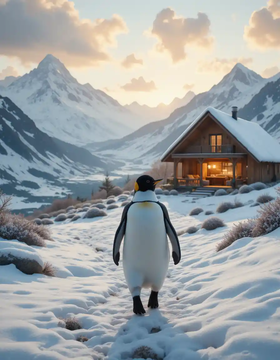 Pinguin geht zu einem warmen Haus in den schneebedeckten Bergen