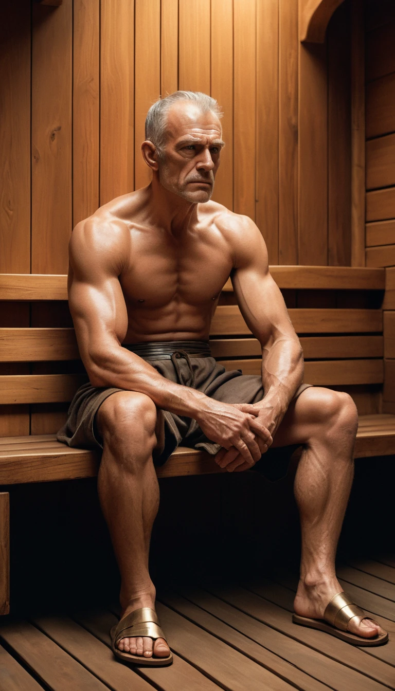 Guerrero contemplativo descansando en una cálida sauna de madera