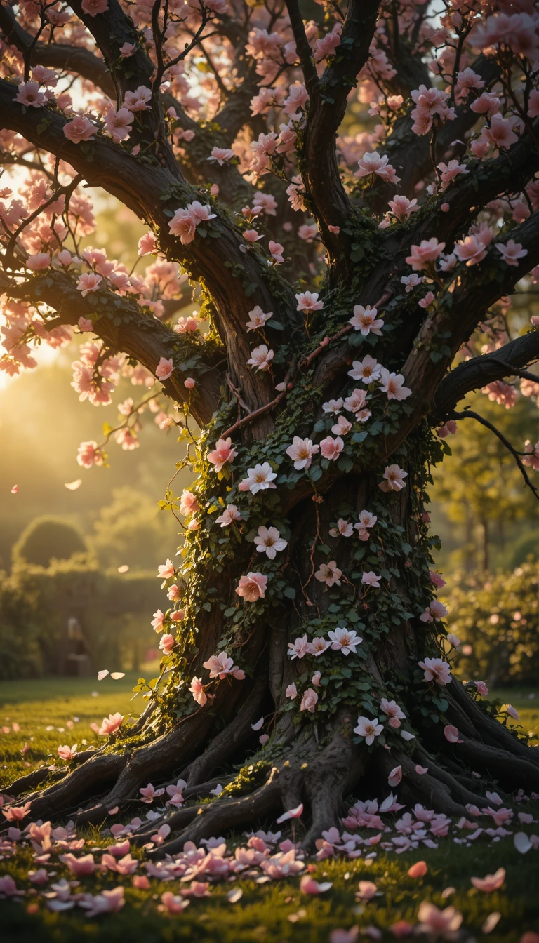 Flowering tree wrapped in soft vines at golden hour