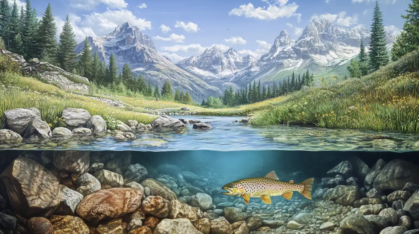 Trota che Sale in un Torrente di Montagna Cristallino con Paesaggio di Valle