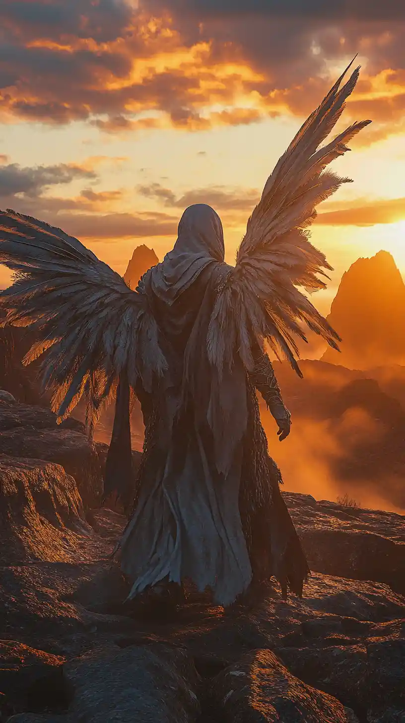Monumental Hooded Angel On Rocky Dune At Sunset