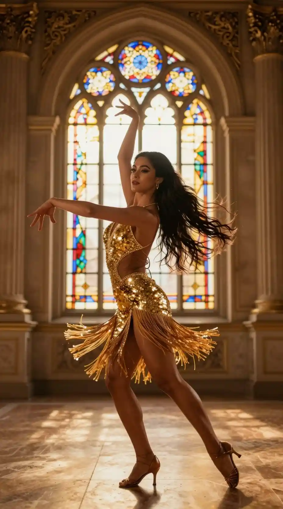 Elegant woman dancing in ornate stained glass hall