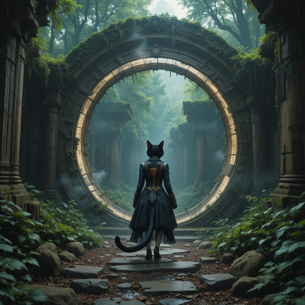 廃墟の魔法ポータルをくぐるスチームパンクの猫