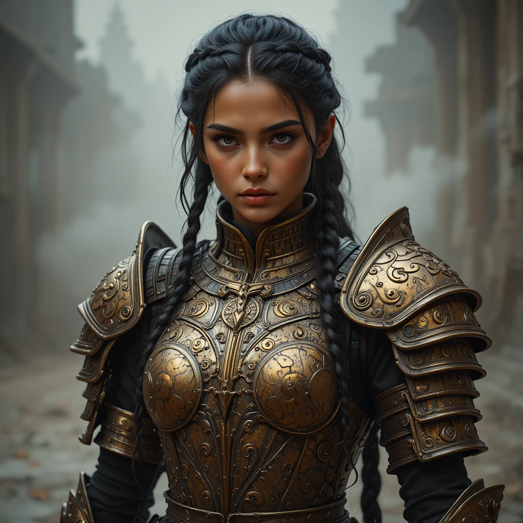 Fierce female fantasy warrior in ornate bronze armor