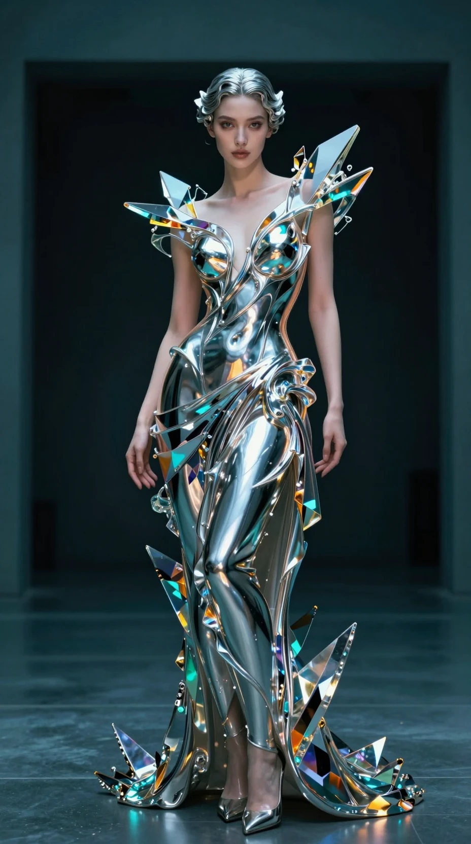 Avant garde woman in liquid chrome fashion pose