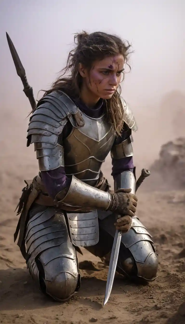 Battle worn female warrior kneeling in a dark battlefield