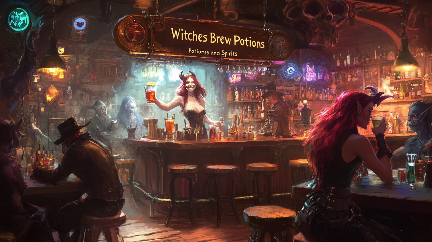 魔法ファンタジーバーのスチームパンク魔女バーテンダー