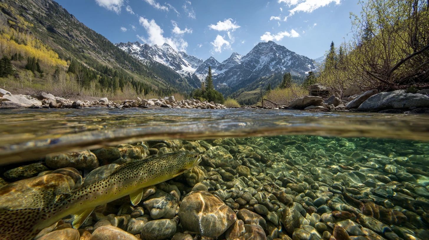 Trota che sale in un torrente di montagna cristallino