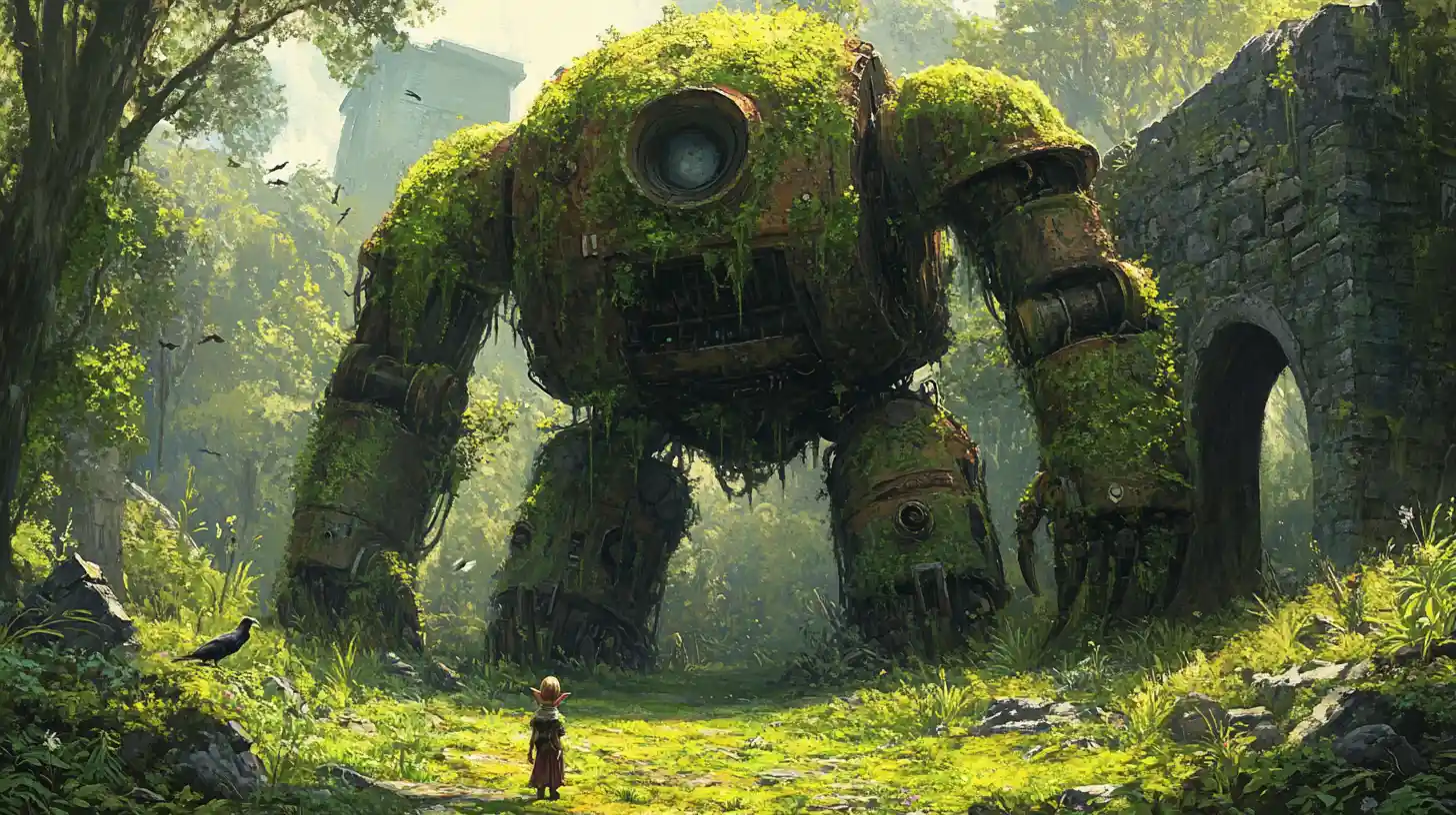 Giant moss covered robot statue in a magical forest glade