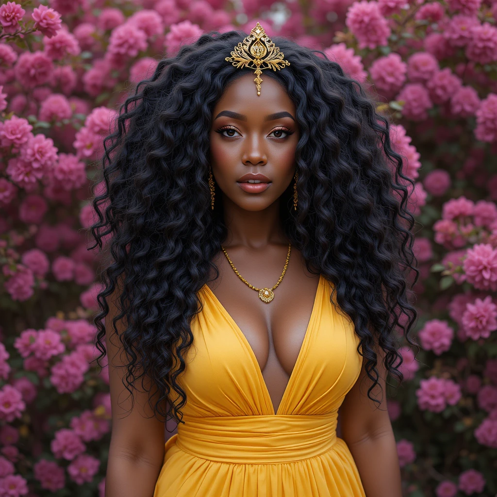 Elegante mujer africana con vestido amarillo frente a flores rosas