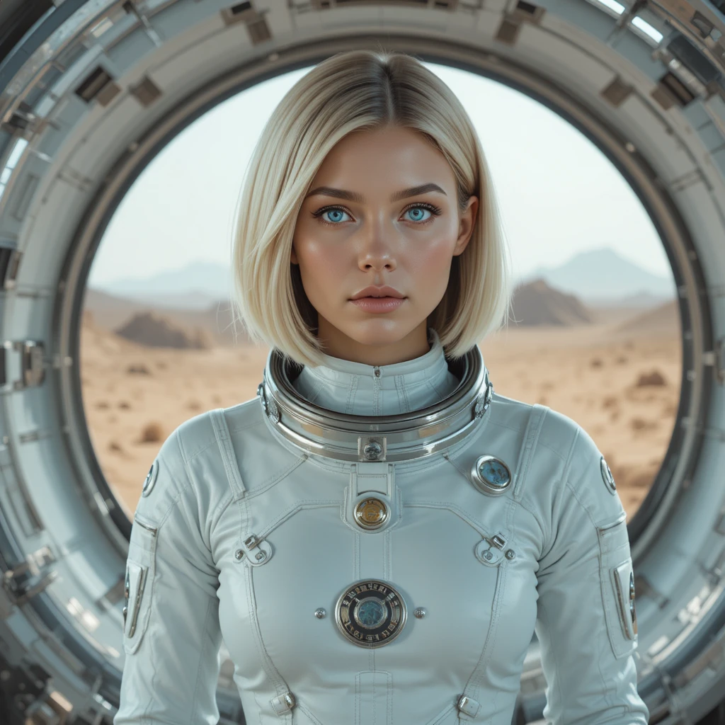 Confident female astronaut standing inside a Mars habitat module